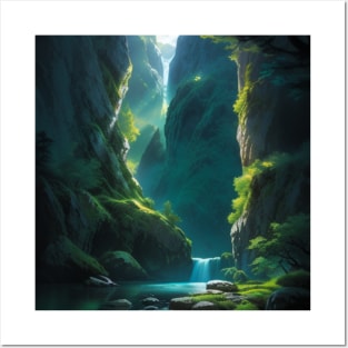 Waterfall at the bottom of a Lush, Green Tropical Canyon Posters and Art